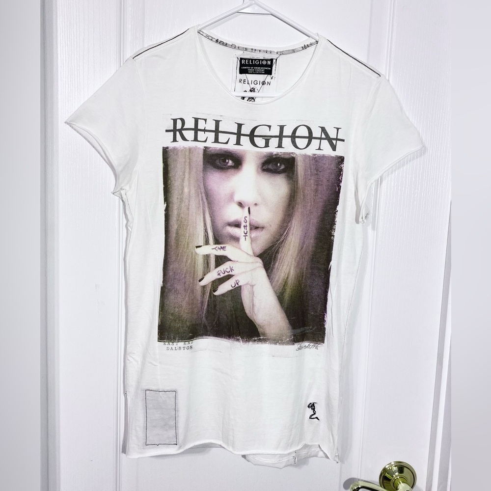 Religion London “Shut Up” Graphic Contrast Stitch Statement Tee White Sz Medium